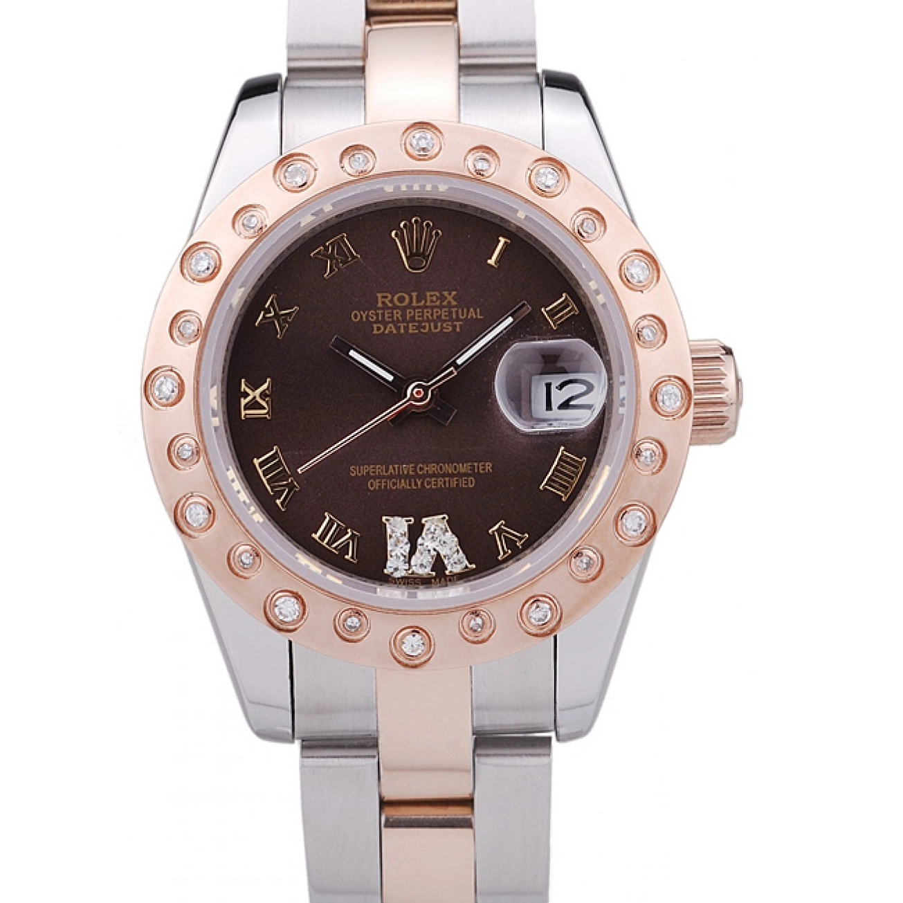 Polished Gold Bezel Datejust Dial Brown Diamonds 7475 Rose Rolex 0524